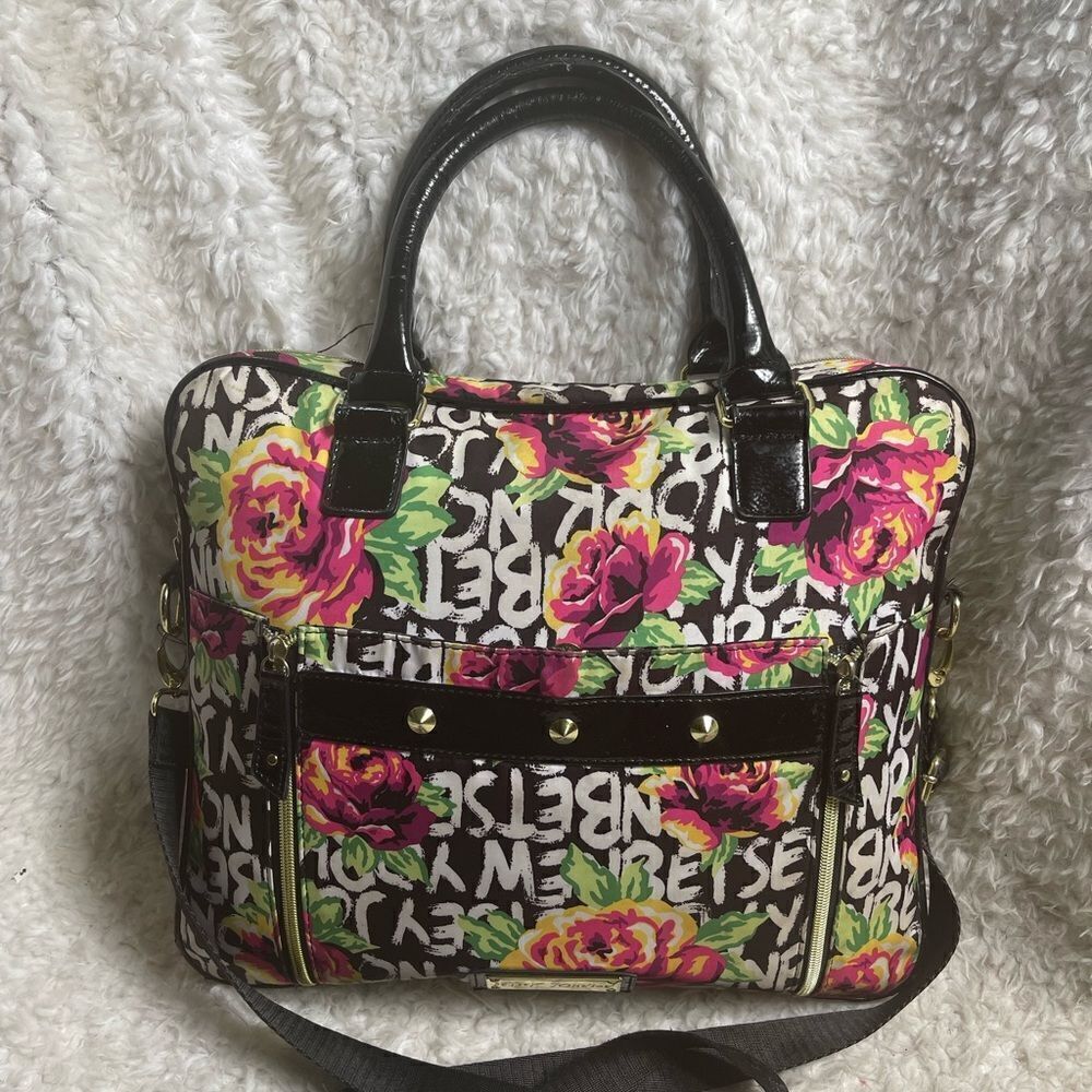 Betsey Johnson Nylon colorful large laptop shoulder bag black patent trim &strap - Picture 2 of 14